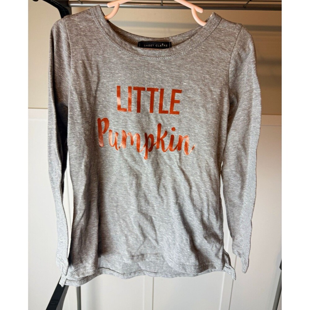 Sweet Claire Little Pumpkin Graphic Long Sleeve Crew Neck Cotton Tee Gray